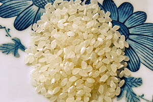 Uncooked sushi rice grains.